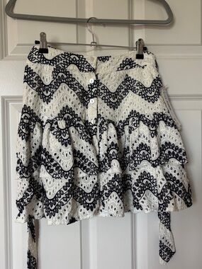 Aqua White Eyelet Tiered Mini Skirt with Black Embroidery